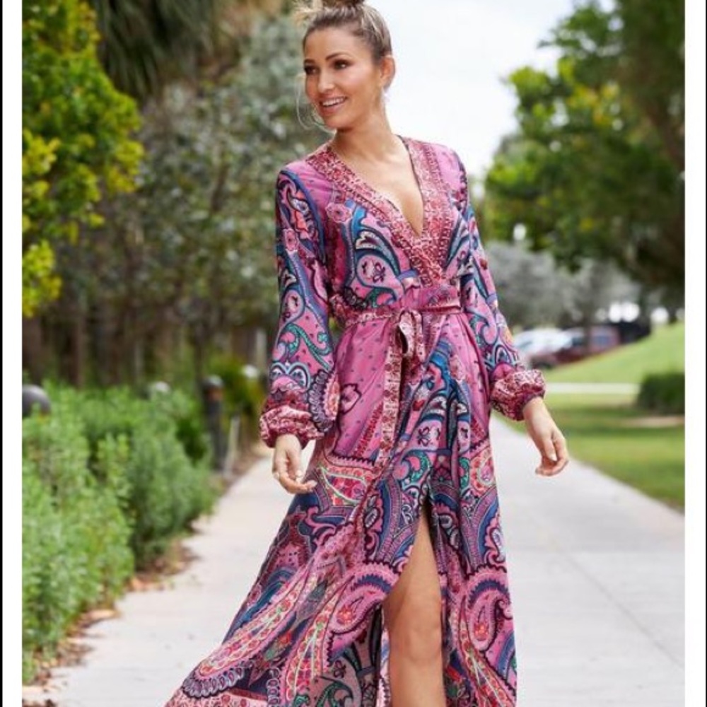 Embellished Paisley Wrap Midi Dress S/M